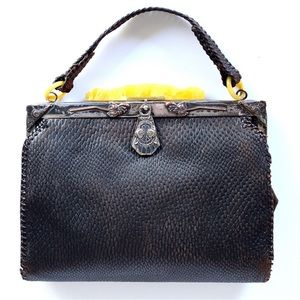 1918 1919 Antique Art Nouveau Jemco Silver Frame and Lucite Leather Handbag